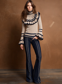Women’s Vintage Casual Ribbed-Knit Striped Turtleneck Long-Sleeve Sweater With Ruffle Trim ZMZ3024J5ZJY