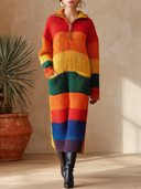 Women's Multicolor Striped Half-Zip Long Sleeve Knit Sweater Dress ZMZ3045J9YZH