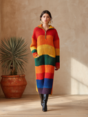 Women's Multicolor Striped Half-Zip Long Sleeve Knit Sweater Dress ZMZ3045J9YZH