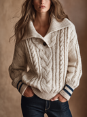 Women’s Vintage-Style Casual Cable-Knit Pullover Sweater With Button-Down Collar And Nautical Stripes ZMZ3055J4ZJY