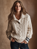 Women’s Vintage-Style Casual Cable-Knit Pullover Sweater With Button-Down Collar And Nautical Stripes ZMZ3055J4ZJY