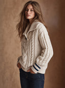 Women’s Vintage-Style Casual Cable-Knit Pullover Sweater With Button-Down Collar And Nautical Stripes ZMZ3055J4ZJY