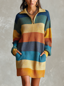 Women's Multicolor Striped Knit Midi Sweater Dress With Half-Zip Polo Collar ZMZ3060J3YZH