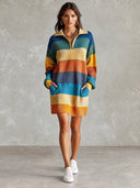 Women's Multicolor Striped Knit Midi Sweater Dress With Half-Zip Polo Collar ZMZ3060J3YZH