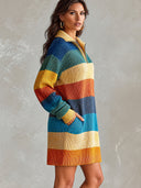 Women's Multicolor Striped Knit Midi Sweater Dress With Half-Zip Polo Collar ZMZ3060J3YZH