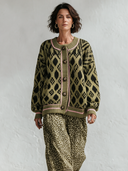 Women’s Olive Green Geometric Jacquard Knit Cardigan ZMZ3065J8XT