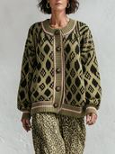 Women’s Olive Green Geometric Jacquard Knit Cardigan ZMZ3065J8XT