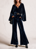 Women’s Classic Navy Blue Velvet Top (includes Belt) And Flared-leg Trousers Two-piece Set ZMZ3023J8SWL