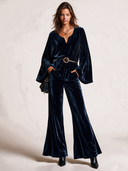 Women’s Classic Navy Blue Velvet Top (includes Belt) And Flared-leg Trousers Two-piece Set ZMZ3023J8SWL