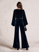 Women’s Classic Navy Blue Velvet Top (includes Belt) And Flared-leg Trousers Two-piece Set ZMZ3023J8SWL