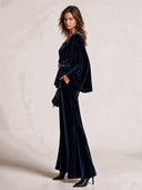 Women’s Classic Navy Blue Velvet Top (includes Belt) And Flared-leg Trousers Two-piece Set ZMZ3023J8SWL