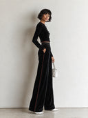 Women’s Vintage Black Velvet Top And Wide-leg Trousers Two-piece Set ZMZ3098J6SWL