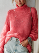 Women’s Fashionable Coral Pink High-Neck Sequin-Embellished Highly Elastic Sweater ZMZ3066J7SWL