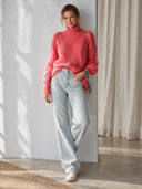 Women’s Fashionable Coral Pink High-Neck Sequin-Embellished Highly Elastic Sweater ZMZ3066J7SWL