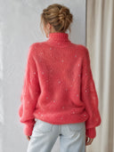 Women’s Fashionable Coral Pink High-Neck Sequin-Embellished Highly Elastic Sweater ZMZ3066J7SWL