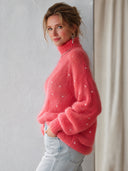 Women’s Fashionable Coral Pink High-Neck Sequin-Embellished Highly Elastic Sweater ZMZ3066J7SWL