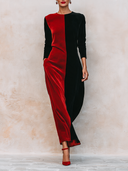 Women’s Elegant Red And Black Color-Block Long-Sleeve Velvet Maxi Dress ZMZ3048J8XT