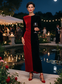 Women’s Elegant Red And Black Color-Block Long-Sleeve Velvet Maxi Dress ZMZ3048J8XT