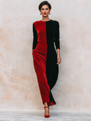 Women’s Elegant Red And Black Color-Block Long-Sleeve Velvet Maxi Dress ZMZ3048J8XT