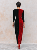 Women’s Elegant Red And Black Color-Block Long-Sleeve Velvet Maxi Dress ZMZ3048J8XT