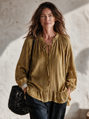 Women’s American-vintage Style V-neck Ribbed Velvet Blouse With Lantern Sleeves And A Loose Fit ZMZ3005J1ZYY