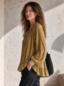 Women’s American-vintage Style V-neck Ribbed Velvet Blouse With Lantern Sleeves And A Loose Fit ZMZ3005J1ZYY