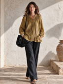 Women’s American-vintage Style V-neck Ribbed Velvet Blouse With Lantern Sleeves And A Loose Fit ZMZ3005J1ZYY