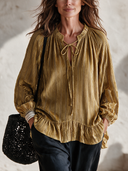 Women’s American-vintage Style V-neck Ribbed Velvet Blouse With Lantern Sleeves And A Loose Fit ZMZ3005J1ZYY