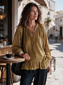Women’s American-vintage Style V-neck Ribbed Velvet Blouse With Lantern Sleeves And A Loose Fit ZMZ3005J1ZYY