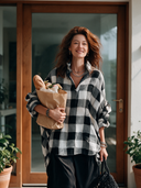 Women’s American-style Vintage V-neck Tunic, Black And White Checkered, Brushed Fabric, Relaxed Fit ZMZ3094J7ZYY