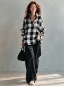 Women’s American-style Vintage V-neck Tunic, Black And White Checkered, Brushed Fabric, Relaxed Fit ZMZ3094J7ZYY