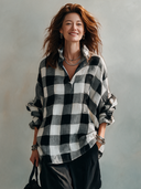 Women’s American-style Vintage V-neck Tunic, Black And White Checkered, Brushed Fabric, Relaxed Fit ZMZ3094J7ZYY