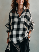 Women’s American-style Vintage V-neck Tunic, Black And White Checkered, Brushed Fabric, Relaxed Fit ZMZ3094J7ZYY