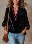 Women’s Vintage-Style V-Neck Velvet Shirt With Lantern Sleeves And Subtle Embroidery – Relaxed Fit ZMZ3080J9ZYY