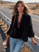 Women’s Vintage-Style V-Neck Velvet Shirt With Lantern Sleeves And Subtle Embroidery – Relaxed Fit ZMZ3080J9ZYY