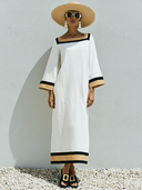 Women's Casual Vacation-Style Cotton-Linen Blend Patchwork Dress — Loose-Fit, Short-Sleeve, Square Neck Maxi Dress ZMZ0798E6ZYY