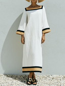 Women's Casual Vacation-Style Cotton-Linen Blend Patchwork Dress — Loose-Fit, Short-Sleeve, Square Neck Maxi Dress ZMZ0798E6ZYY