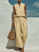 Women's Casual Vacation Style Linen-Cotton Blend Sleeveless Two-Piece Set ZMZ1860E8YZH