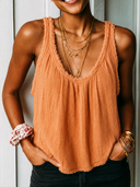 Women's Retro Casual Street Style Cotton Linen Pleated Frayed Edge Sleeveless Tank Top ZMZ2903E7ZJY