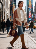 Women's Western-style Brown Faux Leather And Beige Plush Color-block Jacket ZMZ3061I4XT