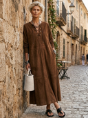 Women's Classic American Retro Lace-Up Neckline Faux Suede Loose Long-Sleeve Maxi Dress ZMZ3164G4ZYY
