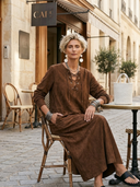 Women's Classic American Retro Lace-Up Neckline Faux Suede Loose Long-Sleeve Maxi Dress ZMZ3164G4ZYY