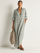 Women's Retro Casual Plaid Print Cotton Linen Shirt Long Sleeve Midi Dress ZMZ2304E8ZJY