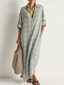 Women's Retro Casual Plaid Print Cotton Linen Shirt Long Sleeve Midi Dress ZMZ2304E8ZJY