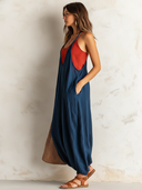 Women's Retro Casual Cotton Linen Color Block Sleeveless Jumpsuit Set ZMZ0498F0ZJY