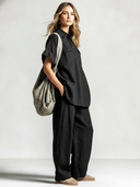 Women's Retro Casual Street Style Cotton Washed Short-Sleeve Top And Pants Set ZMZ0447F5ZJY