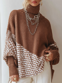 Women's Oversized Brown Turtleneck Sweater With Houndstooth Jacquard Panels ZMZ2277J1YZH