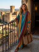Women's Casual Vacation-Style Loose Fit, Short Sleeves, V-Neck, And Contrast Color Design Blend Maxi Dress ZMZ1172E6ZYY
