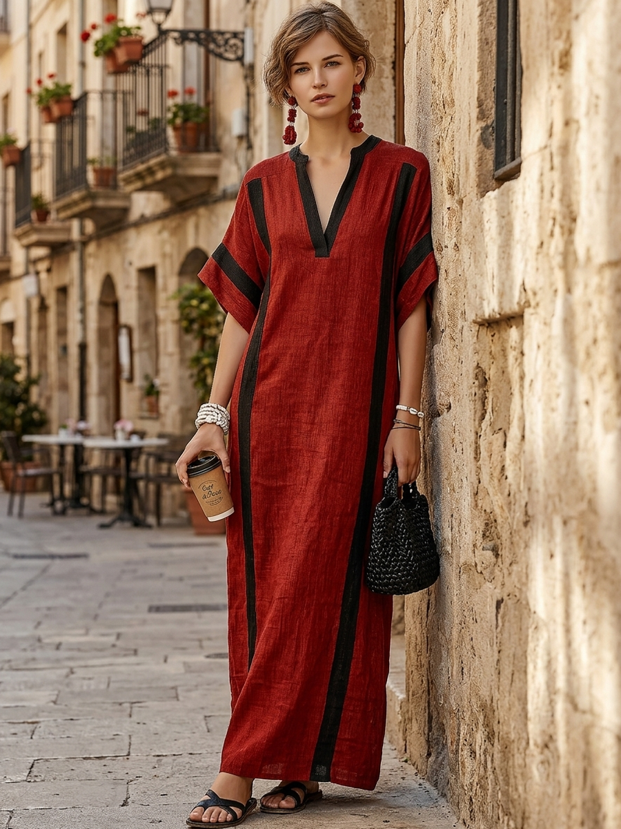 Women's Casual Retro Red & Black Color-Block Cotton-Linen — V-Neck, Sh – Zemurea