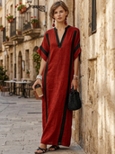 Women's Casual Retro Red & Black Color-Block Cotton-Linen — V-Neck, Short Sleeve, Loose Fit, Maxi Dress ZMZ2597E7ZYY